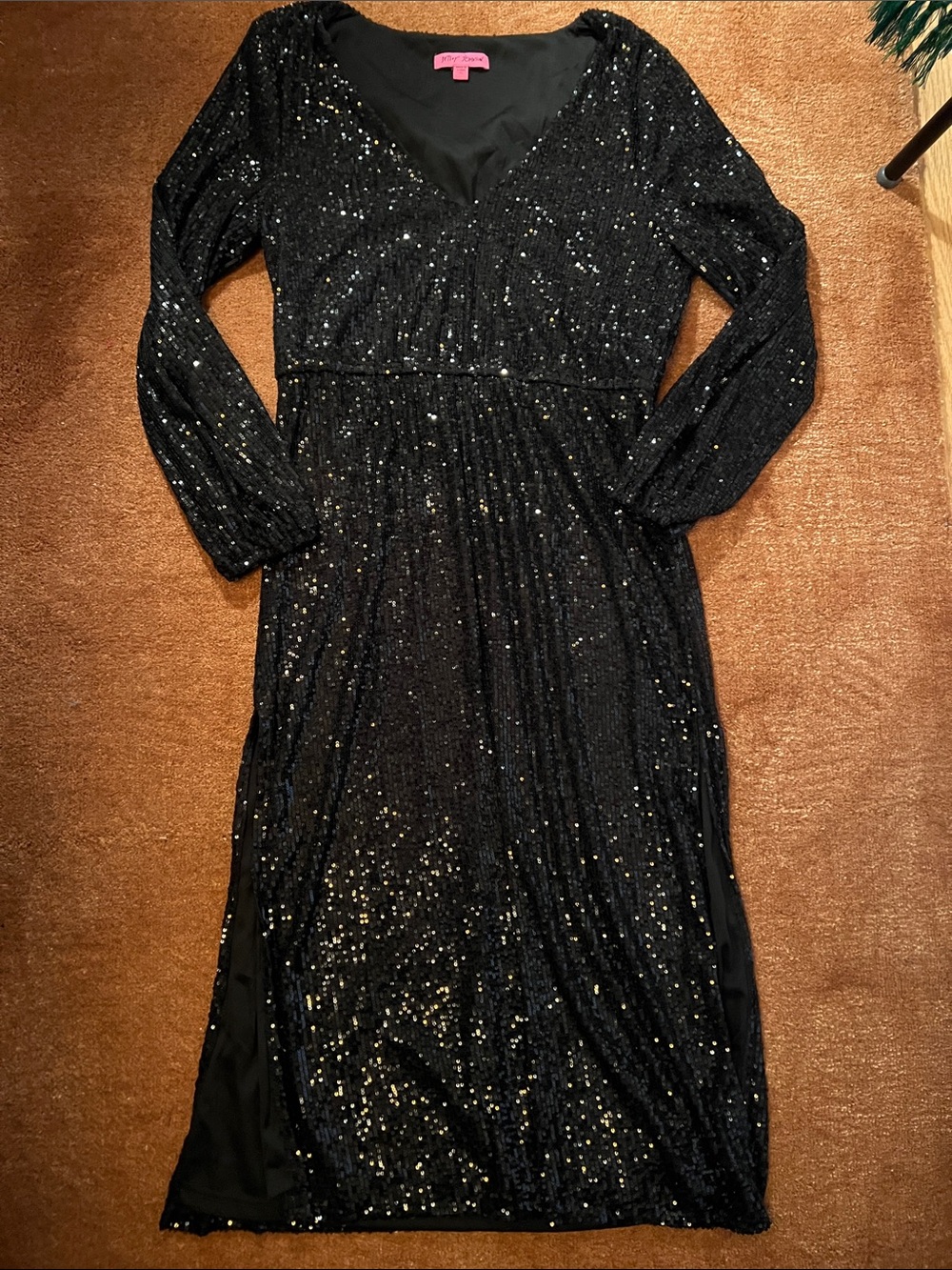 Vintage XL Betsy Johnson Black Sequin Long Sleeve Midi Dress